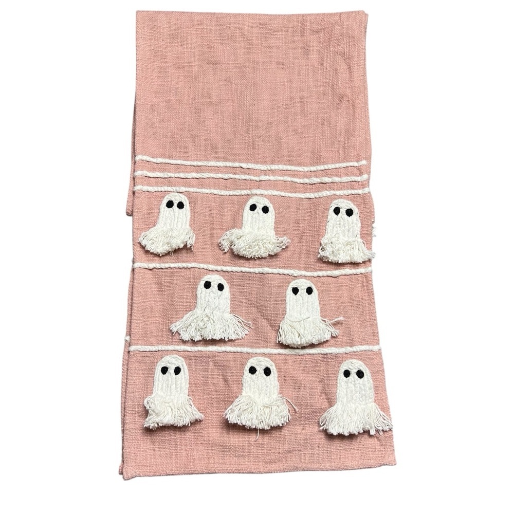 Ghost Table Runner All Cotton Embroidered Halloween Dining Decor 90”x15”Pink